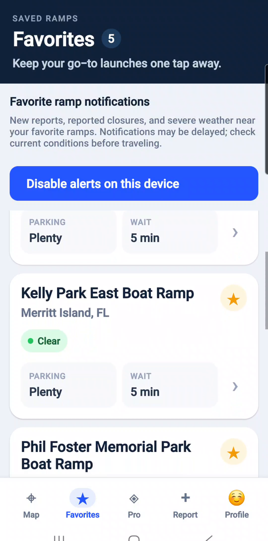 RampReady favorites screen with report alert controls