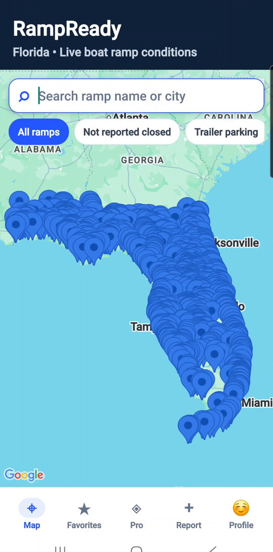RampReady map showing Florida boat ramps with search and filters